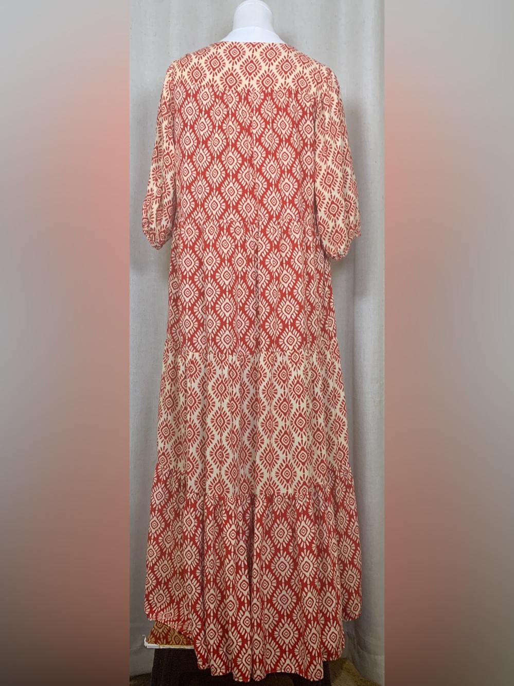 Easel Maxi Dress | Boho Red & Ivory Printed Tiered Dress L2-10 - Picture 5 of 7
